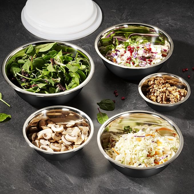 10-Piece Stainless Steel Mixing Bowl Set with Lids for Food Prep & Storage | WHYSKO Mixing Bowls with Lids Set - .75, 1, 1.5, 3 & 5 Quart Kitchen Bowls, Rustproof Metal Nesting Bowls, Dishwasher Safe