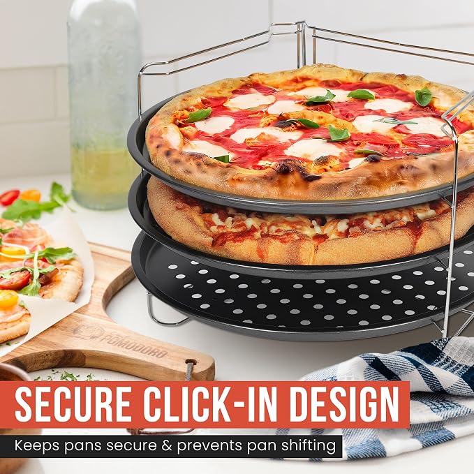 Chef Pomodoro Pizza Rack and Pan Baking Set, 13 Inch Foldable Cooling Stand | Space-Saving Foldable Design, Stainless Steel Cooling Rack for Oven & Grill, Non-Stick Perforated Serving Trays