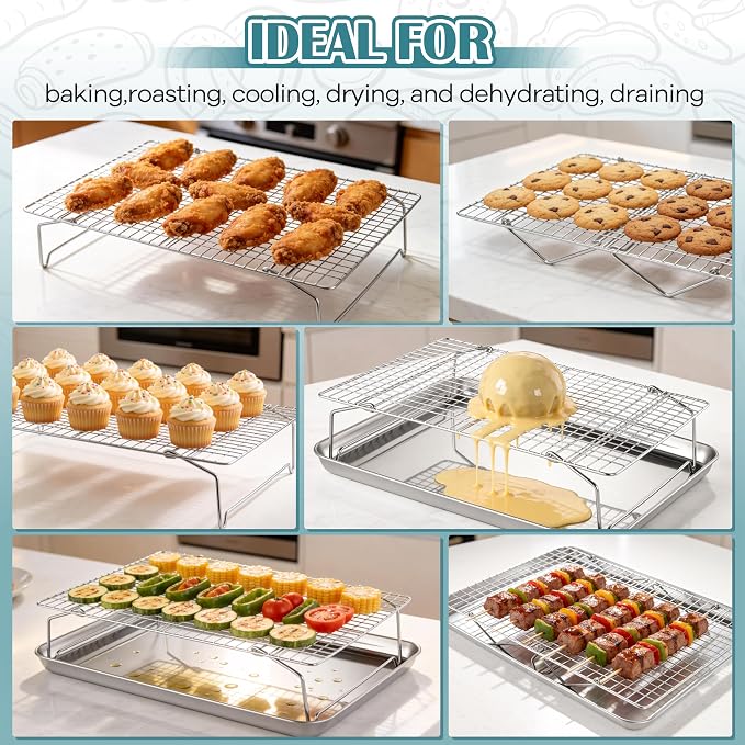 P&P CHEF 5 Tier Stackable Cooling Racks for Cooking and Baking, 15" x 10" | Stainless Steel Stackable Grid Cooling Rack for Cooling Roasting Grilling, Collapsible & Heavy Duty, Oven & Dishwasher Safe