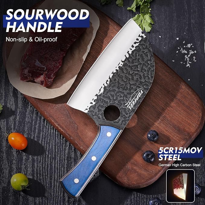 6.8Inch Serbian Chef Knife- Butcher Knife Meat Cleaver Set for Cooking, Chopping. Kitchen Knives with Leather Sheath for Home, Camping, BBQ