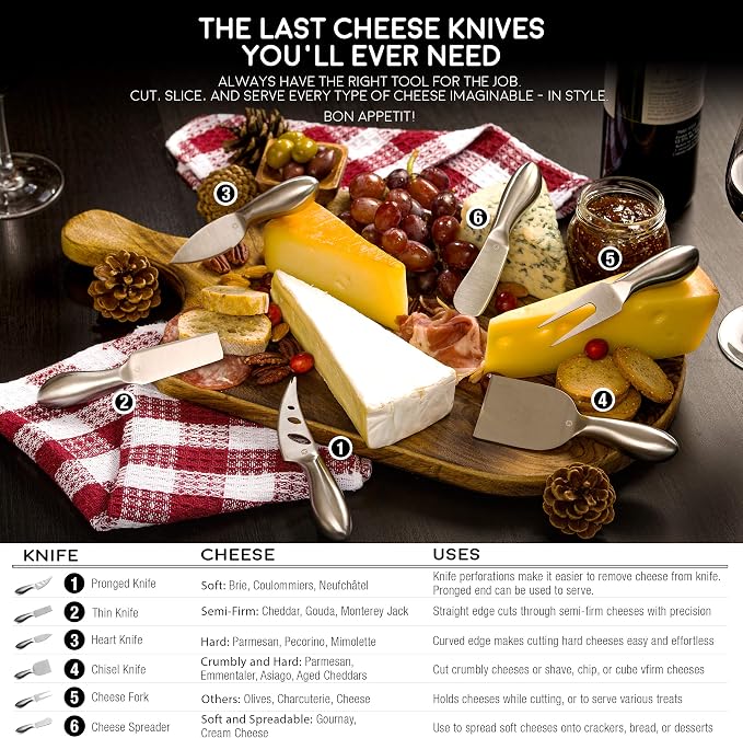Lunar 6-Piece Cheese Knife Set - Premium Stainless Steel Cheese Knives Collection - Charcuterie Board Accessories Gift Ready w/ 15 Festive Recipes