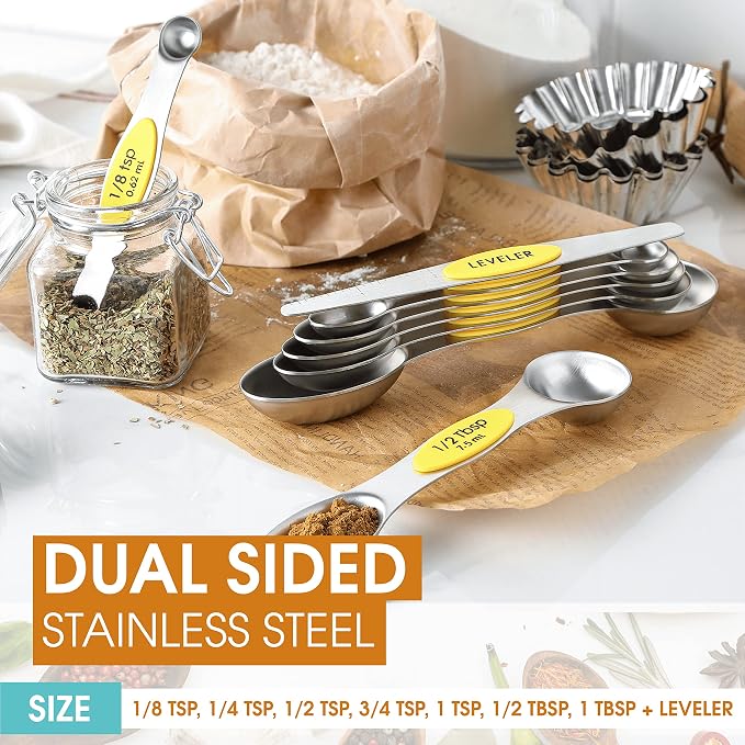 Spring Chef Yellow Stainless Steel Magnetic Measuring Spoons Set of 8 with Leveler, Dual Sided Metal Teaspoon & Tablespoon Measuring Spoons, Kitchen Gadgets for Baking & Cooking, Fits in Spice Jars