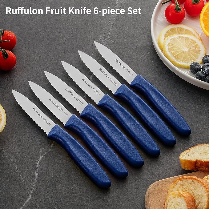 Stainless Steel Paring Knife With Serrated Blade, 6 Pieces Set Vegetable and Fruit Knife, Ultra Sharp Small Kitchen Knife, Blue Paring Knives with PP Plastic Ergonomic Handle.
