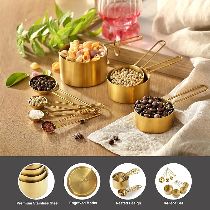 Measuring Cups and Spoons Set, Kaloo 8PCS Stainless Steel Metal Measuring Cups, Gold Finish, Ideal for Cooking and Baking