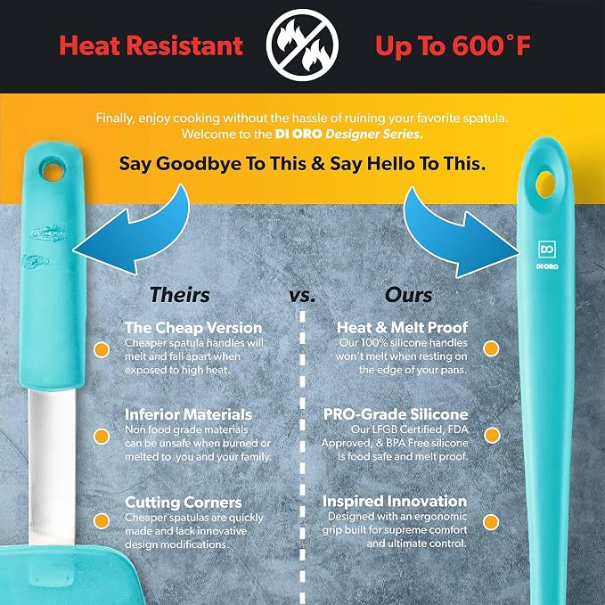 DI ORO Silicone Ladle - Heat-Resistant Large Kitchen Soup Spoon for Cooking & Serving - Nonstick Cookware Safe With Wide Bowl - Dishwasher Safe Utensil (Teal)
