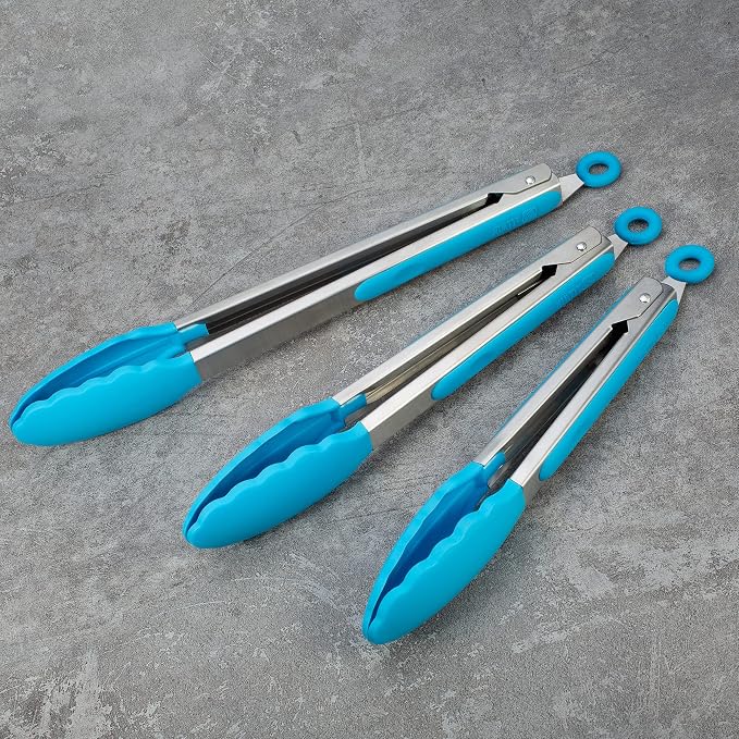 3 Pack Blue Kitchen Tongs, Premium Silicone BPA Free Non-Stick Stainless Steel BBQ Cooking Grilling Locking Food Tongs, 9-Inch 10-Inch & 12-Inch