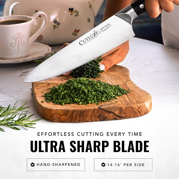 Cutluxe Chef Knife – 8" Kitchen Knife, German High Carbon Steel, Full Tang, Ergonomic Handle Design, Sheath Included – Artisan Series