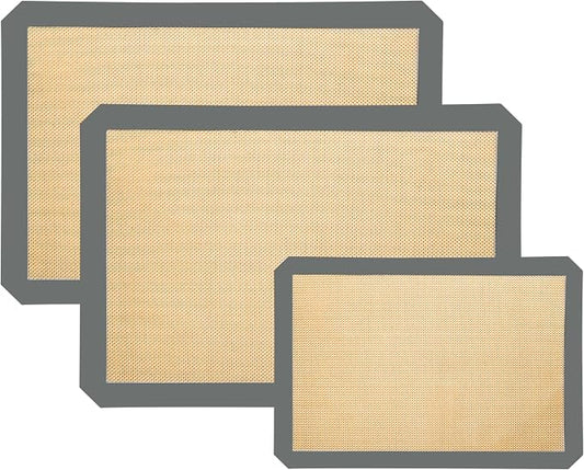 Silicone Baking Mat 3 Pack, Non-Stick Food Safe Reusable Baking Sheets, 2 Medium & 1 Small Sizes for Cookies Macarons Bread, (Gray)