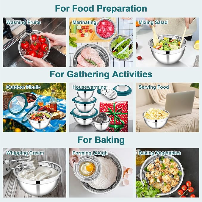 E-far Mixing Bowls Set of 5, Stainless Steel Salad Mixing Bowl with Transparent Lid, Metal Nesting Bowl Attach with 3 Graters for Kitchen Prepping/Serving/Baking/Storage, 4.6/2.6/1.5/1/0.7 QT - Blue