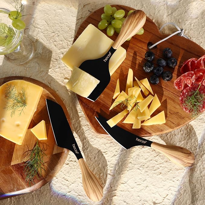 hecef Cheese Knife Set of 3, Includes Pronged, Hard Cheese & Chisel Knife, Matte Black Stainless Steel Knives with Wood Grain Handles, Cheese Tools for Charcuterie Boards, Entertaining, Feast