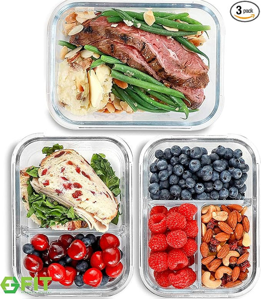 Glass Meal Prep Containers 1 & 2 & 3 Compartments, Airtight, 35 oz, 3 Pack | Divided Bento Lunch Box, Portion Control Food Storage Containers for Adults, Microwave Oven Freezer Safe, LeakProof Lids Blue
