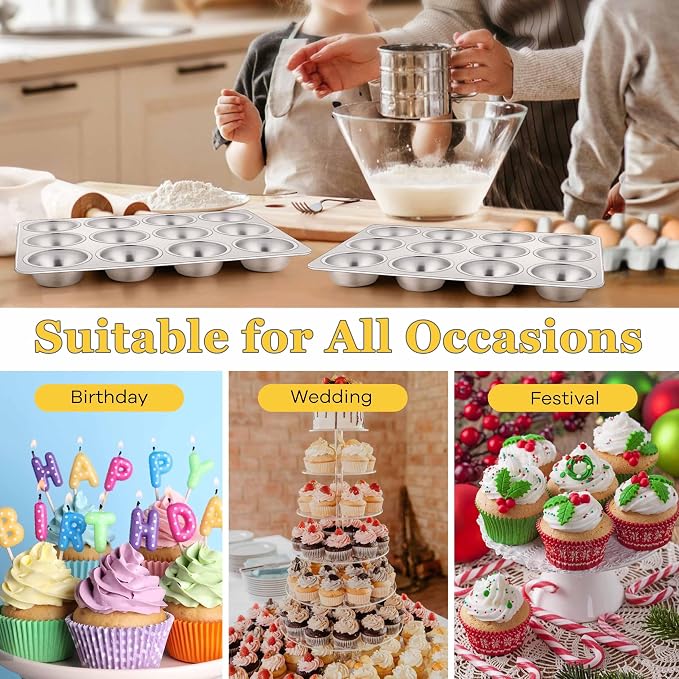 Homikit 1 Pack Muffin Pan, Stainless Steel Cupcake Tin with 12 Cups Regular Size, 13.8" x 10.4" Nonstick Metal Egg Bites Tray for Oven Baking, Non Toxic & Rust Free, Easy Release & Dishwasher Safe
