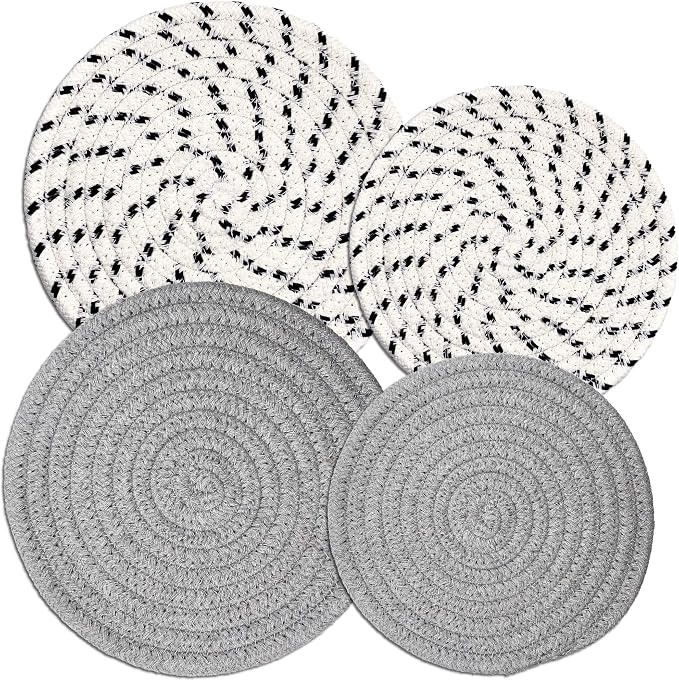 Set of 4 Potholders & Trivets [2x9"+" "+"& "+"2x7"+"] | Eco Pure Cotton Weave for Hot Pots & Pans | Gray + White & Black Flakes