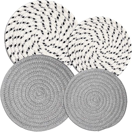 Set of 4 Potholders & Trivets [2x9"+" "+"& "+"2x7"+"] | Eco Pure Cotton Weave for Hot Pots & Pans | Gray + White & Black Flakes