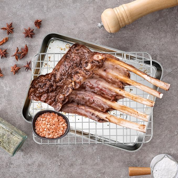 Homikit Cookie Sheet with Rack Set (1 Sheet Pan+1 Cooling Rack),10 x 8 Inch | Stainless Steel Small Baking Sheet with Wire Rack for Baking Roasting, Toaster Oven Pan Bacon Tray, Non-Toxic & Heavy Duty