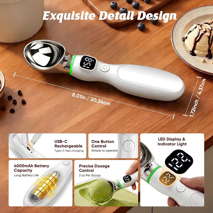 Heated Ice Cream Scoop, Rechargeable Electric Ice Cream Scoop with LED Display, 3 Heat Levels 122°F/140°F/158°F, Nonstick Ice Cream Scooper for Hard Ice Cream, Gelato, Frozen Yogurt & Sorbet (White)