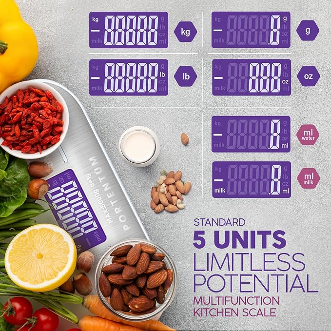 PORTENTUM Digital Kitchen Scales 5kg/11lb with Large LCD Display, Food Scales with Large Stainless Steel Weighing Surface, Liquid Measurement, High Precision up to 1 g, Tare Function,