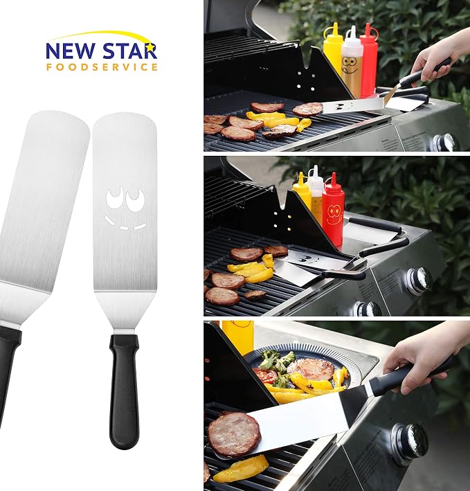 New Star Foodservice Stainless Steel BBQ/Griddle Tool Set, 6-Piece Set Includes Spatulas, Dough Scraper with Measurements, & Squeeze Bottle Set