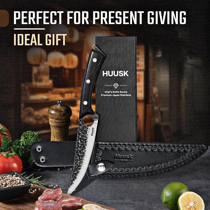 Huusk Viking Boning Knife 6 inch, Japanese Boning Knives for Meat Cutting, Full Tang Fillet Knife with Sheath, Brisket Trimming Knives for BBQ, Camping, Christmas Gift for Men and Women