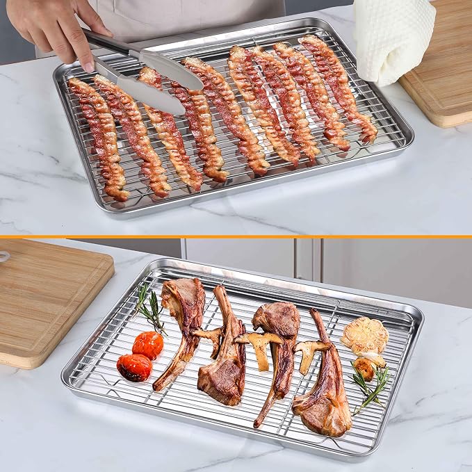 Homikit 16x12 Inch Baking Sheet with Wire Cooling Rack (1 Pan+1 Rack) | Stainless Steel Cookie Sheets for Baking, Metal Jelly Roll Pan Nonstick, Bacon Tray with Rack Set for Oven, Dishwasher Safe