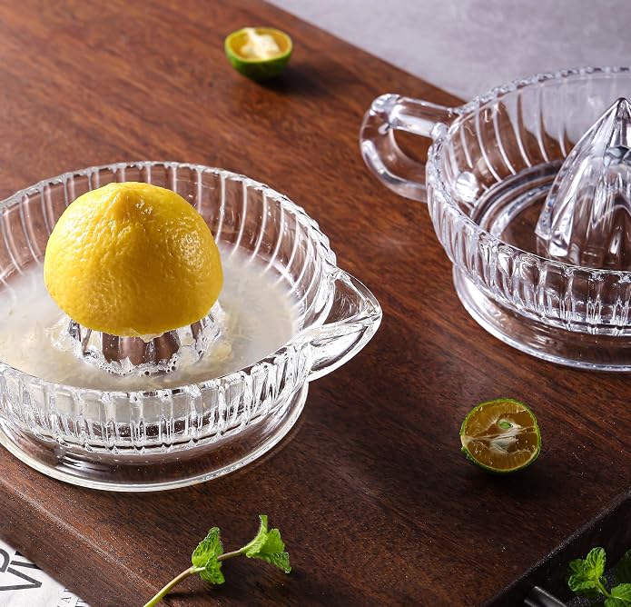 Manual Lemon Citrus Juicer with Handle and Pour Spout Clear Glass Orange Juice Extractor for Lime Home Kitchen Bar Gadget