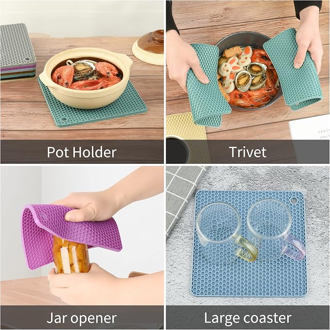Trivets for Hot Dishes, Silicone Trivet Mat Hot Pads for Kitchen Pot Holder, Silicone Trivets for Pots and Pans, Multi-Purpose Heat Resistant Silicon Trivet Mat for Tabletop Black Pack 6