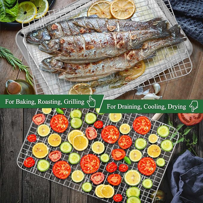 P&P CHEF 17.5 Inch Baking Sheet Pan and Cooking Rack - 4 Pieces | 2x Cookie Sheet + 2x Grid Rack, Stainless Steel Oven Tray with Wire Rack for Oven Baking, Healthy & Sturdy & Easy to Clean