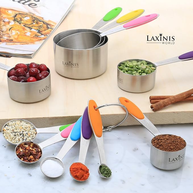 New Version! 11 Piece Measuring Cups And Spoons Set by Laxinis World | Sturdy Stainless Steel Stackable 6 Cups and 5 Spoons with Soft Silicone Handles to Measure Dry and Liquid Ingredients