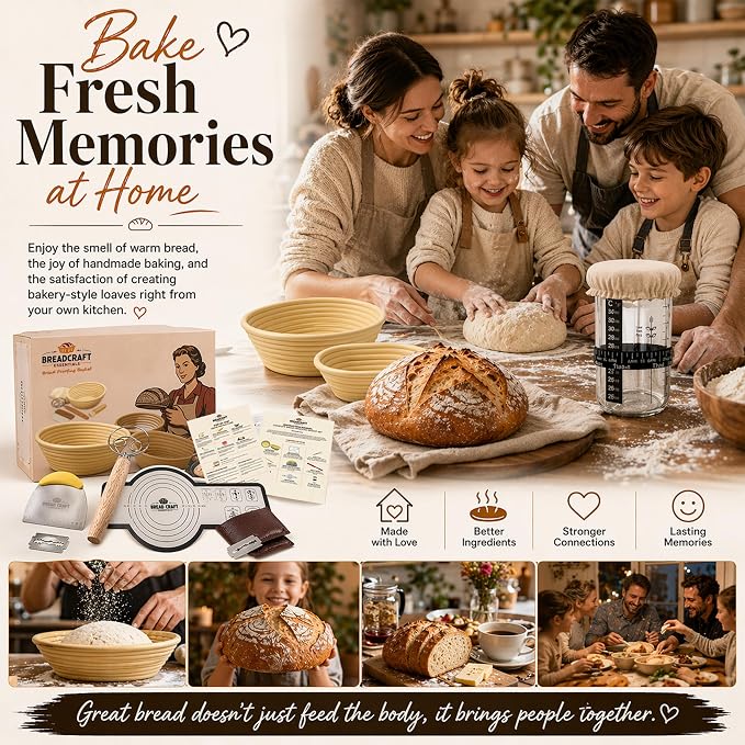 Silicone Sourdough Bread Proofing Basket – 7-Piece Complete Sourdough Starter Kit with 9" Round & 10" Oval Non-Stick Bannetons, Bread Lame, Danish Dough Whisk, Bench Scraper & Silicone Mat