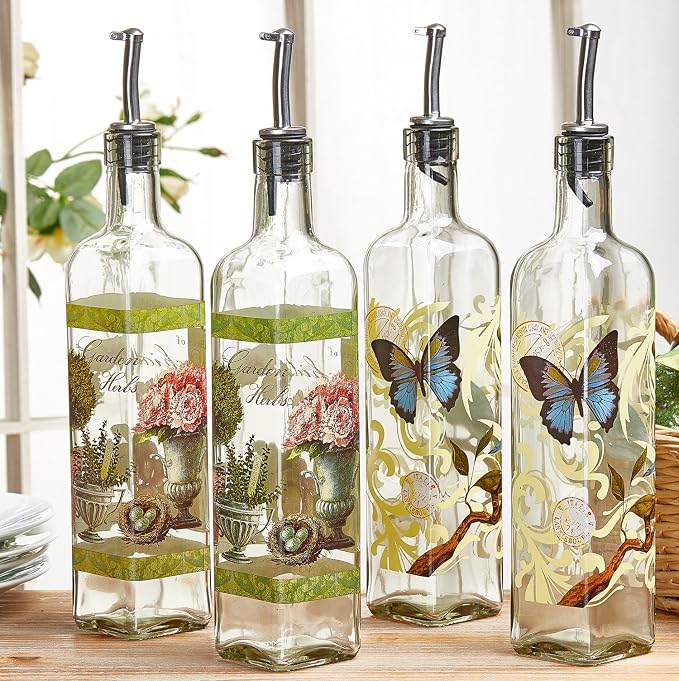 CEDAR HOME Olive Oil Bottle Set Glass Dispenser Vinegar Cruet 17oz. with Stainless Steel Leak Proof Pourer Spout for Cooking or Salad