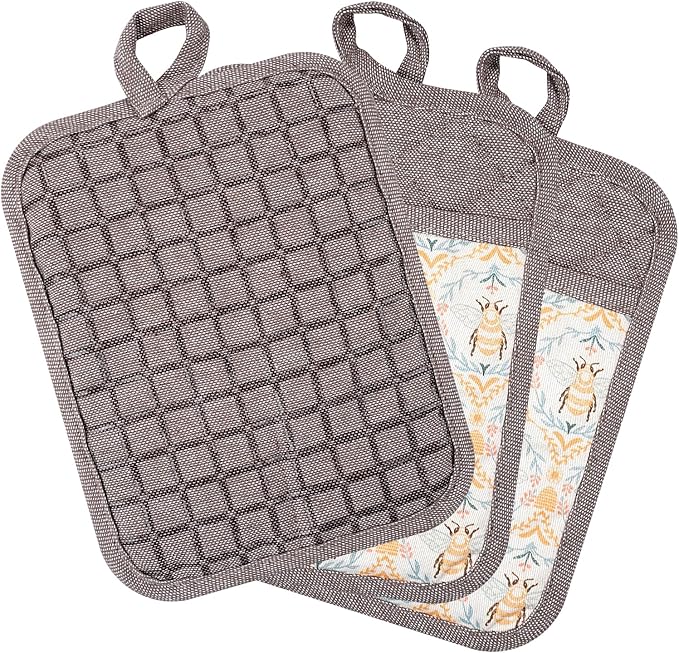 Pot Holders Set of 3 Silicone Printing Non Slip Heat Resistant, Yarm-Dyed Hot Pads Cotton Home Kitchen Cooking Barbecue Microwave Women Men Machine Washable BBQ Grilling. (Khaki Potholdes)