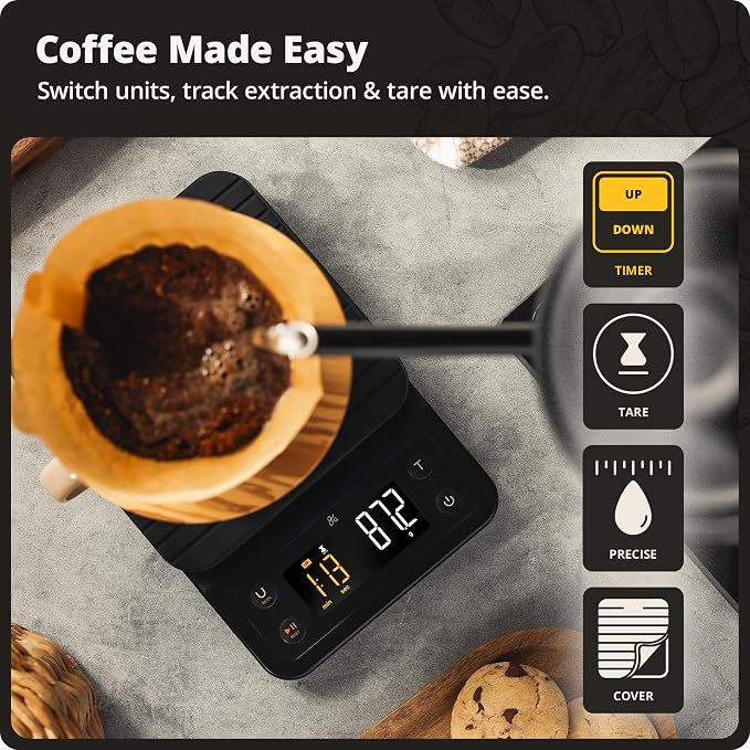 Greater Goods Coffee Scale with Timer, 0.1g Precision for Espresso & Matcha | Digital Pour-Over Scale with Waterproof Silicone Cover, Backlit Display & 6.6lb Capacity for Chemex, V60, Drip (Onyx Black)