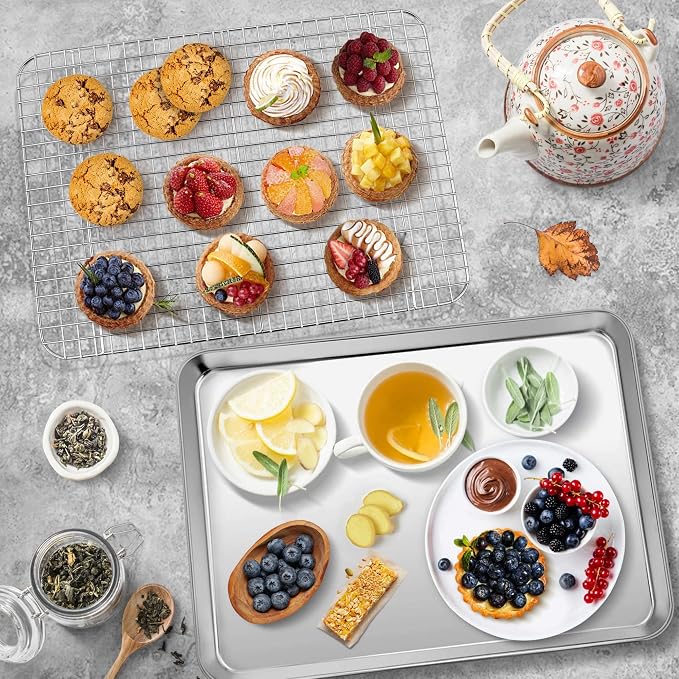 P&P CHEF 16 Inch Baking Sheet Pan and Cooking Rack - 2 Pieces | 1x Cookie Sheet + 1x Grid Rack, Stainless Steel Oven Tray with Wire Rack for Oven Baking, Healthy & Sturdy & Easy to Clean