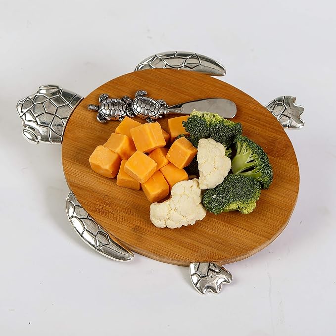 Turtle Acacia Wood Cheese & Serving Board with Matching Cheese Knife by Picnic Plus (Turtle)