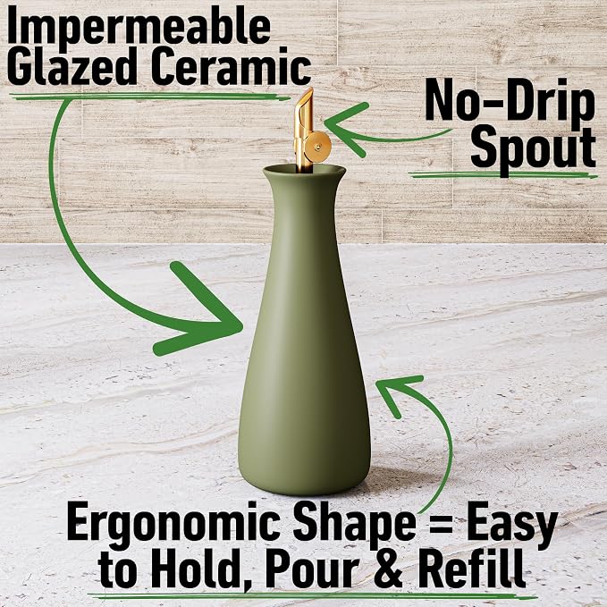 Ceramic Olive Oil Dispenser with Self-Closing Gold Spout, 530mL, Leakproof | Leak Proof EVOO Dispensing Bottle, Stainless Steel Self-Closing Spout, Ergonomic, Durable, Easy Pour, Stylish, 530mL Capacity