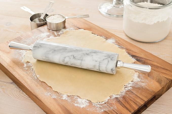 Fox Run Marble Rolling Pin & Stand, White Marble With Aluminum Handles Pin | Marble Stays Cool For Pastry | Heavy Dough Roller For Easy Rolling & Baking | Includes Stand | Naturally Non-Stick Surface