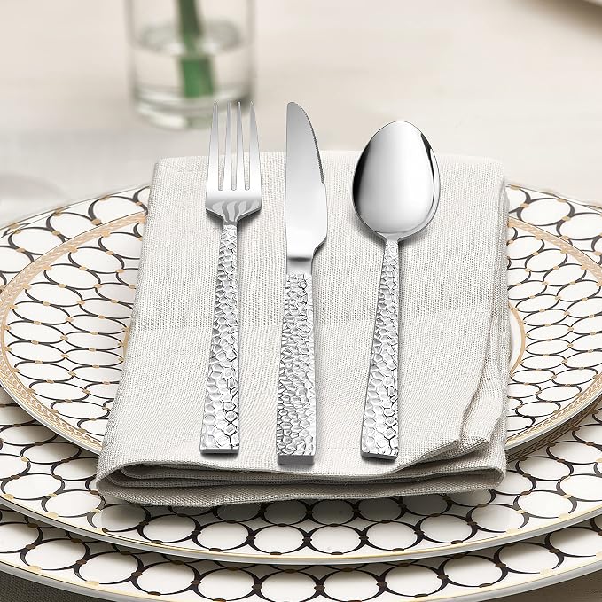HaWare 24 Pieces Hammered Forks and Spoons Silverware set (7.9 Inches), Stainless Steel Flatware Cutlery for Home/Kitchen/Restaurant, Include 12 Dinner Forks and 12 Dinner Spoons, Dishwasher Safe