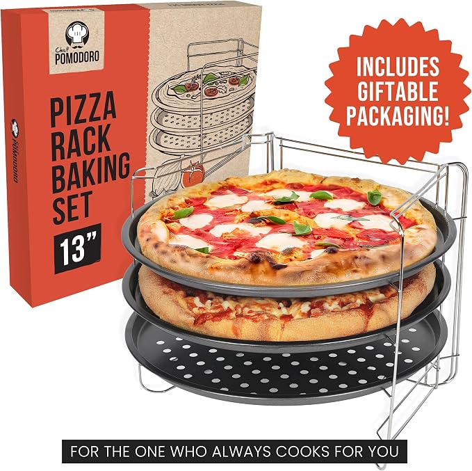 Chef Pomodoro Pizza Rack and Pan Baking Set, 13 Inch Foldable Cooling Stand | Space-Saving Foldable Design, Stainless Steel Cooling Rack for Oven & Grill, Non-Stick Perforated Serving Trays