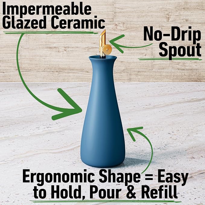 Ceramic Olive Oil Dispenser with Self-Closing Gold Spout, 530mL Capacity | Leak Proof EVOO Dispensing Bottle, Stainless Steel Self-Closing Spout, Ergonomic, Durable, Easy Pour, Stylish, 530mL Capacity