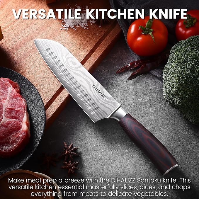 DiiHAUZZ Santoku Knife 7 Inch, Japanese Chef Knife with Ultra Sharp Hollow Edge, High Carbon Steel Forged Professional Kitchen Knives with Ergonomic Pakkawood Handle and Sheath, Gift Box
