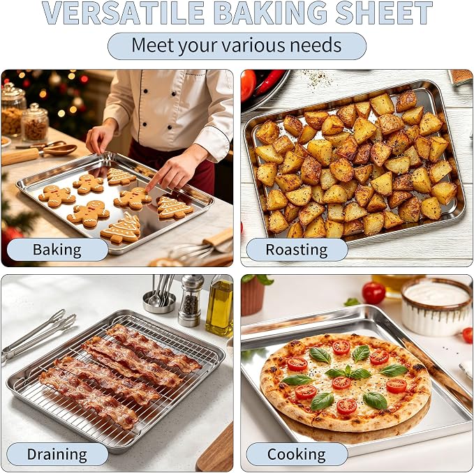 TeamFar Stainless Steel Baking Sheet with Rack Set, 20"x14"x1.2" | 2 Pans + 2 Racks, Cookie Sheet Baking Pan Tray with Cooling Rack for Cooking, Non-Toxic & Rust Proof, Dishwasher Safe