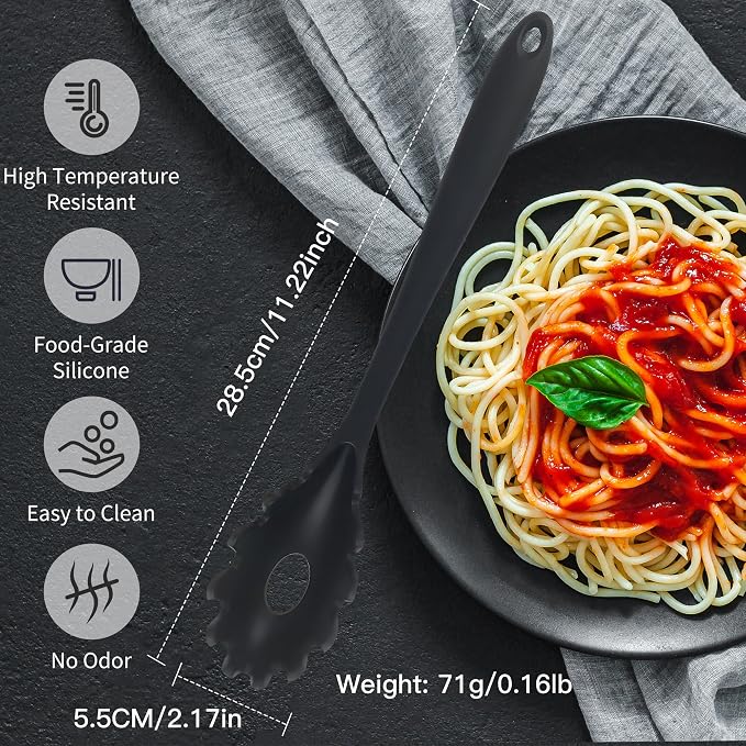 Spaghetti Spoon Set with Non-Slip Silicone Teeth, 12-Inch Non-Slip Pasta Spoon, Heat Resistant Kitchen Utensils with Storage Holes, Dishwasher Safe (black)