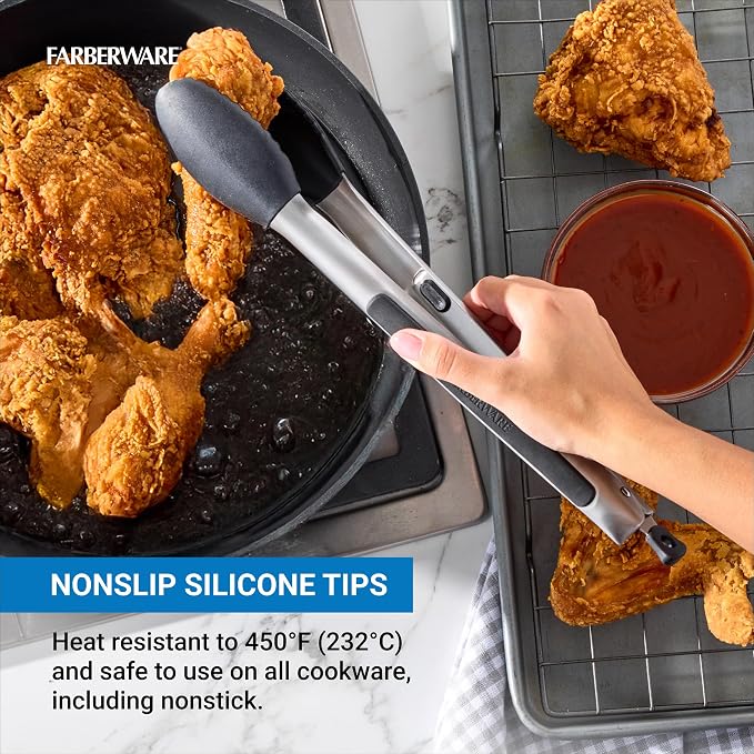 Farberware Pro Silicone Head Locking Kitchen Tongs 12 Inch - Cooking Tongs with Scalloped Tips, Ergonomic Grip, Heat Safe to 450F - Dishwasher Safe Tongs for Cooking, Grilling, Serving