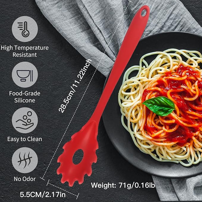 Spaghetti Spoon Set with Non-Slip Silicone Teeth, 12-Inch Non-Slip Pasta Spoon, Heat Resistant Kitchen Utensils with Storage Holes, Dishwasher Safe (red)