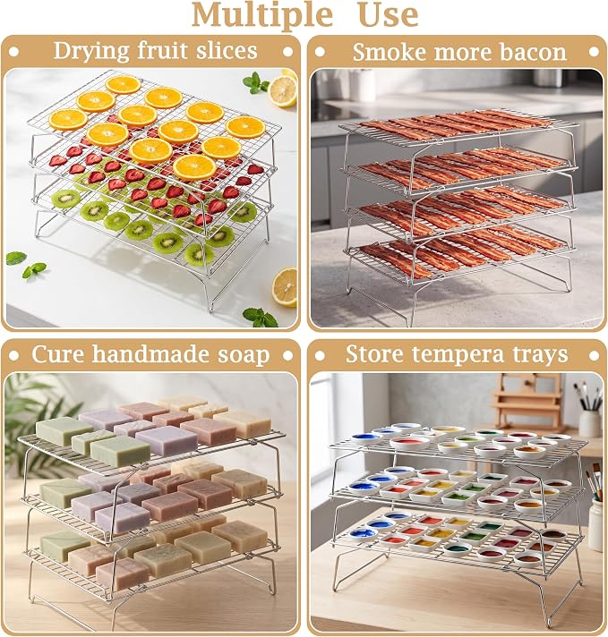 LIANYU 4-Tier Stackable Cooling Rack for Cooking & Baking, 10"x15", 2 Pack | Stainless Steel Collapsible Cooling Rack for Cookies, Cakes, Baking Wire Racks Fits Jelly Roll Pan, Oven & Dishwasher Safe