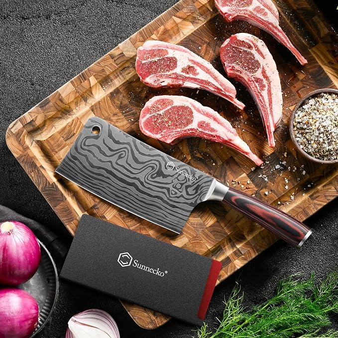 Sunnecko 7” Cleaver Knife, 12° Edge High Carbon Steel Meat Cleaver with Pakkawood Handle, Multipurpose Chef Knife for Meat Cutting&Vegetable, Butcher Knife with Sheath, Premium Gift for Cooks