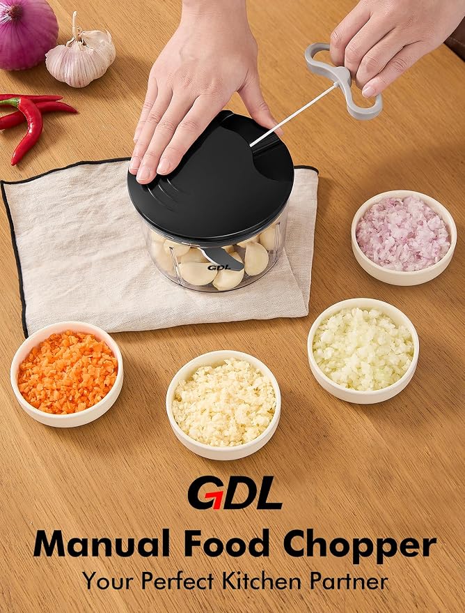 GDL Food Chopper, Pull Onion Chopper Dicer, Hand Powered Food Chopper, Fast Cutting Hand Chopper Mincer for Oinon, Garlic, Nut, 3.4 Cups 0.8L, Black