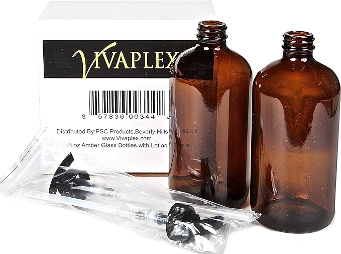 Vivaplex Large 16 oz Amber Glass Bottles with Black Lotion Pumps - 2 pk