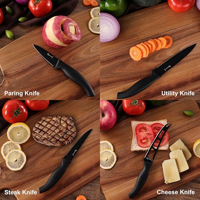 ROMANTICIST Knife Set, 10 Pieces Knife Block Set - Stainless Steel Kitchen Knives with Sharpener and Cheese Knife, Non-Slip Ergonomic Handles, Exquisite Knives Set - Stylish Black