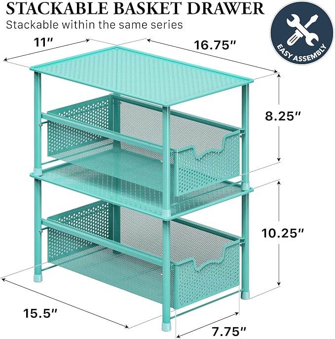 Simple Houseware Stackable Under Sink Sliding Basket Drawer, Turquoise | Perforated Free Standing Organizer, Kitchen/Pantry/Cabinet/Counter